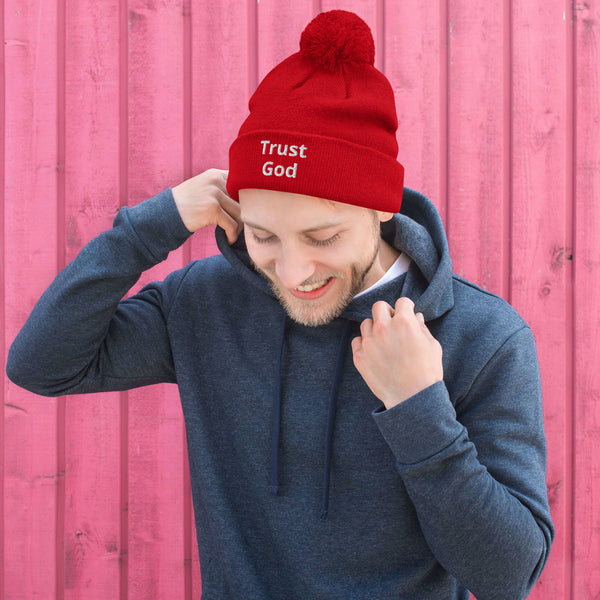 Trust God Pom-Pom Beanie White Letters