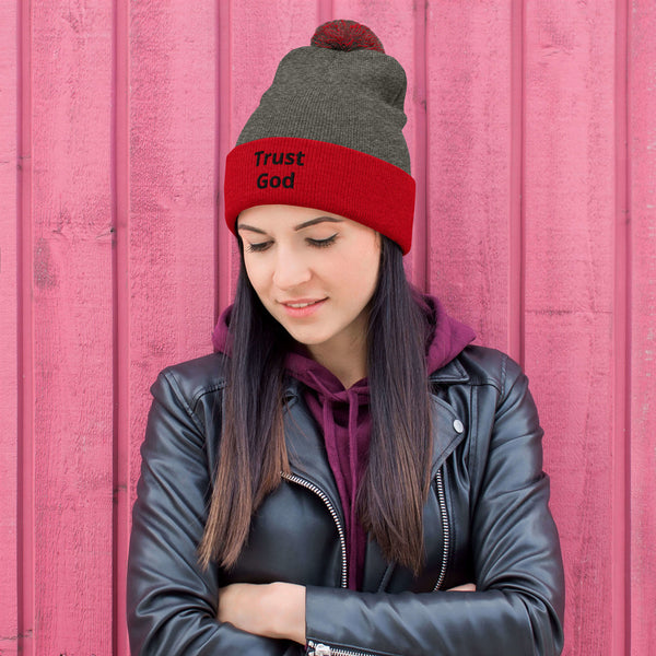 Trust God Pom-Pom Beanie Black Letters