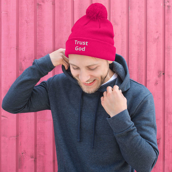 Trust God Pom-Pom Beanie White Letters