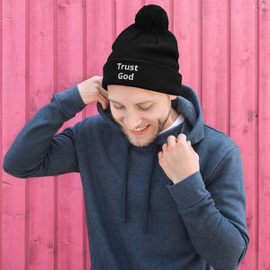 Trust God Pom-Pom Beanie White Letters