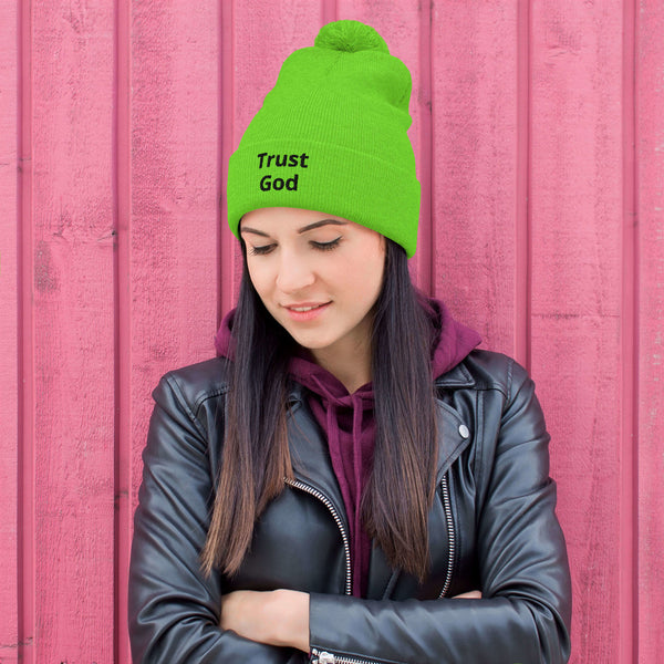 Trust God Pom-Pom Beanie Black Letters