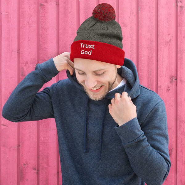 Trust God Pom-Pom Beanie White Letters