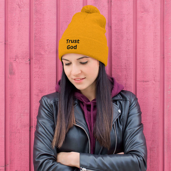 Trust God Pom-Pom Beanie Black Letters