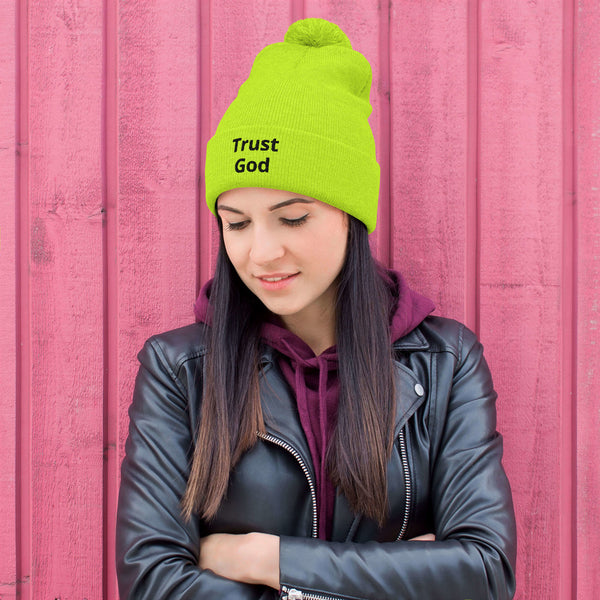 Trust God Pom-Pom Beanie Black Letters