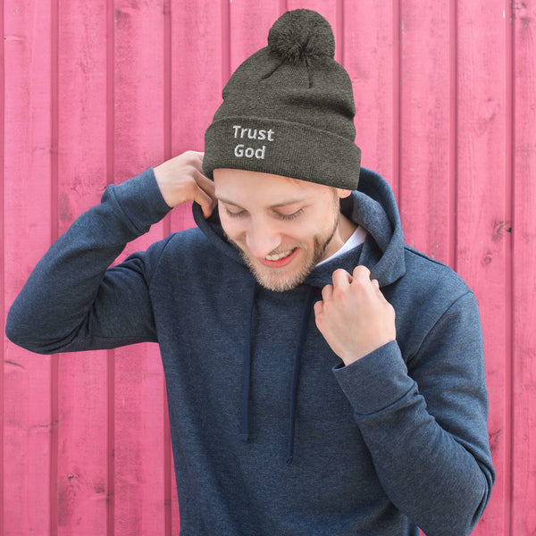 Trust God Pom-Pom Beanie White Letters