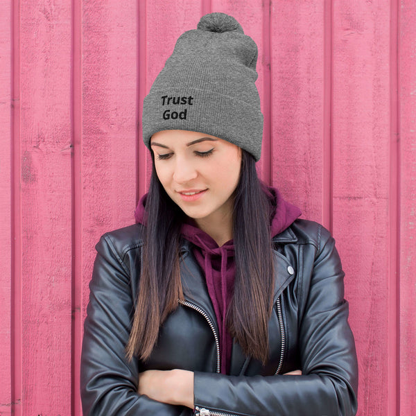 Trust God Pom-Pom Beanie Black Letters