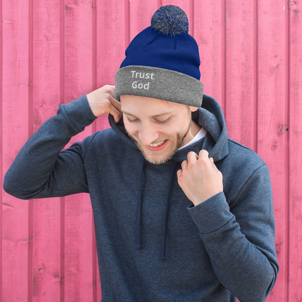 Trust God Pom-Pom Beanie White Letters