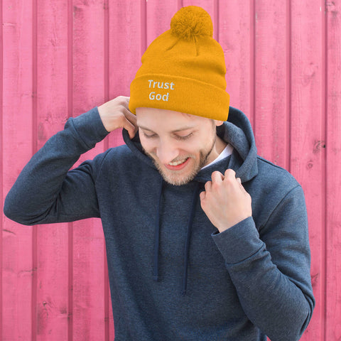 Trust God Pom-Pom Beanie White Letters