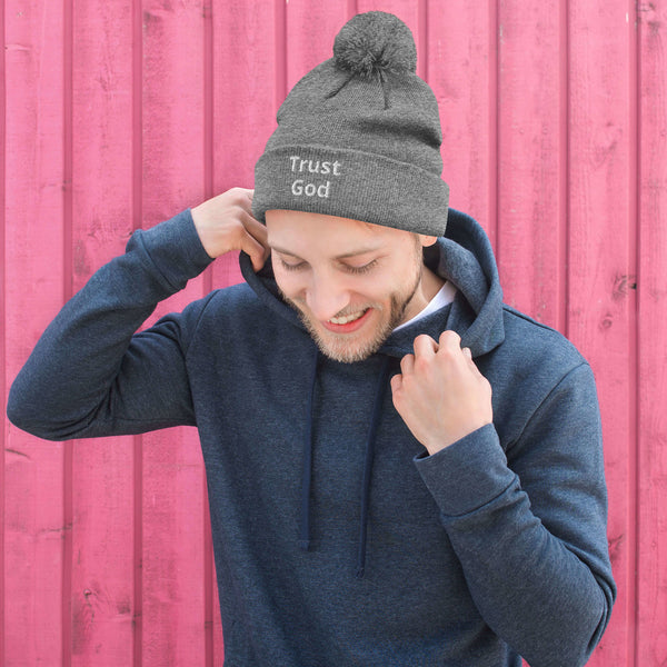 Trust God Pom-Pom Beanie White Letters